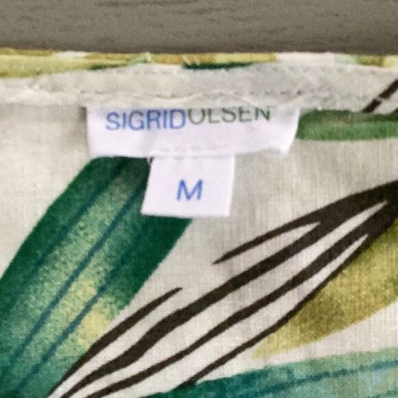 SIGRID OLSEN MEDIUM BLOUSE TOP PUFFY SLEEVES LINEN/RAYON GREEN TROPICAL PRINT - Picture 4 of 7